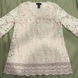 Women’s Light Pink Blouse Lace Elegant Polyester Long Sleeve to Elbows Size S